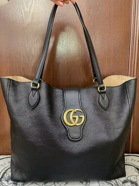 Gucci Black Leather Tote with Gold Double G Emblem